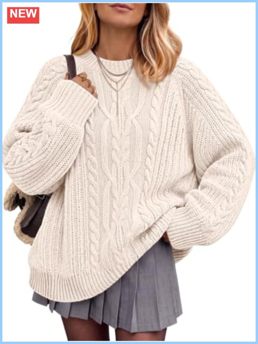 Oversized Cable Knit Pullover Sweater, Cotton Blend Long Sleeve, Cozy Crewneck